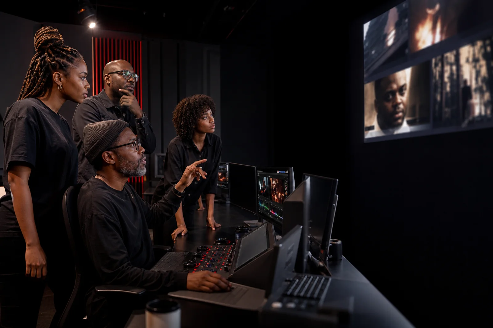 Production team collaborating in a professional editing suite